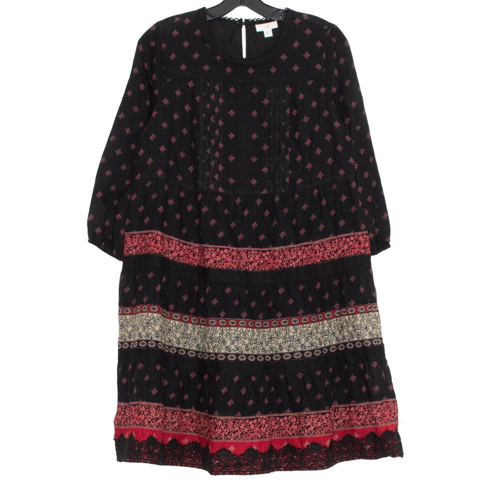 J Jill Dress 3/4 Sleeve Boho Folk Festival Hippie Romantic Casual Black Red XS